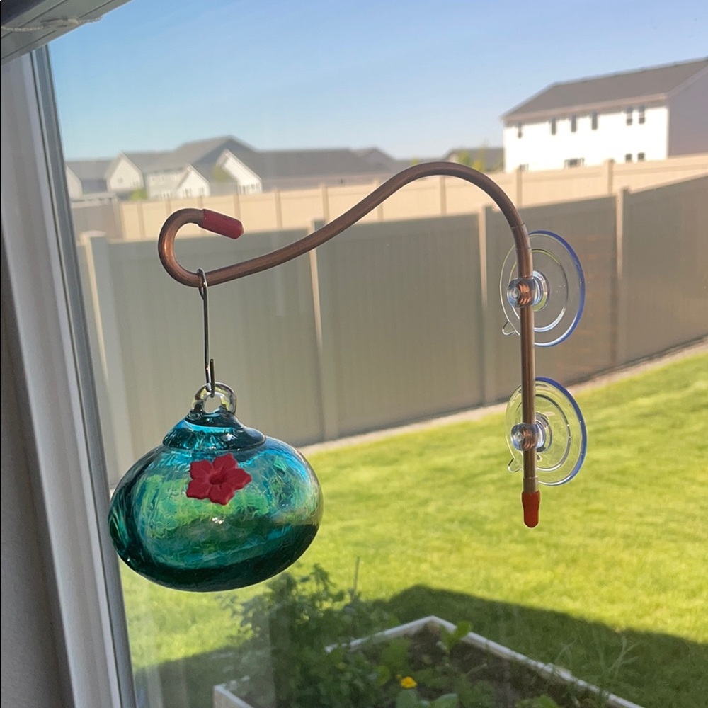 Handcrafted Blue and Green Glass Hummingbird Feeder